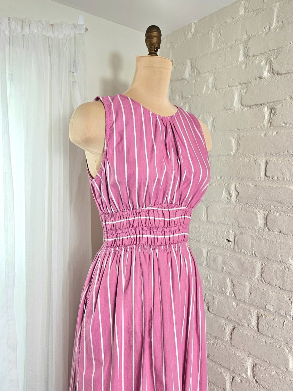 Faithfull The Brand Pink Stripe Smocked Waist Midi Dress Size L Open Back Tie - Picture 6 of 12